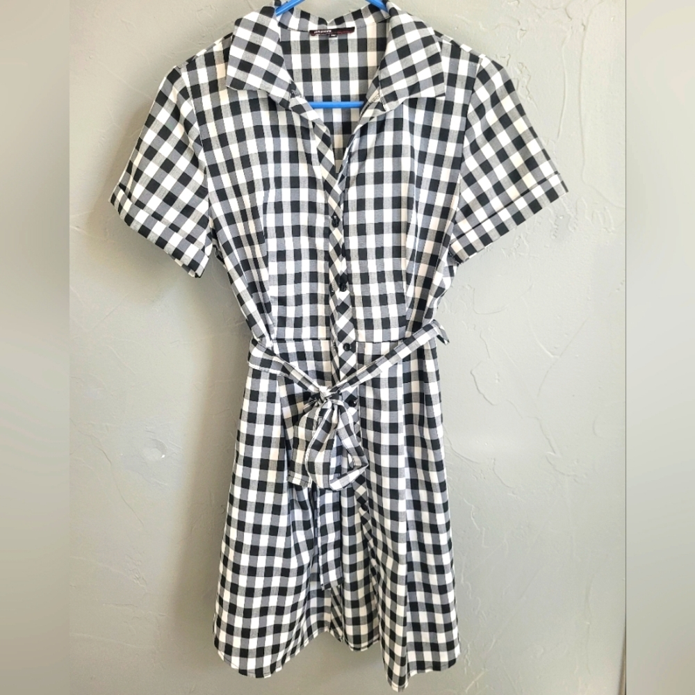 Love Culture White Black Plaid Belted Tunic Shirt Dress, Size M